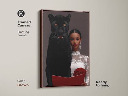 A framed canvas art print with a floating frame in brown. Ready to hang surrealist artwork of a woman with a black panther. This eclectic home decor art has a dark aesthetic. A unique gift for symbolism lovers.  Features photorealism animal art.