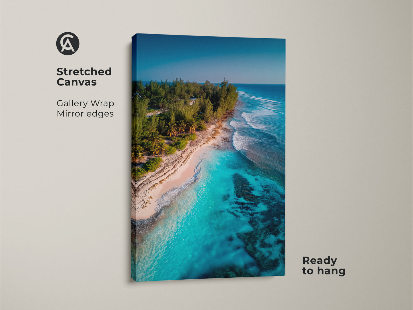 This stretched canvas artwork showcases a breathtaking beach scene. It features vibrant turquoise water and a pristine sandy beach. Green trees add to the tropical feel. The gallery wrap and mirrored edges create a modern aesthetic. Ready to hang and transform your space.