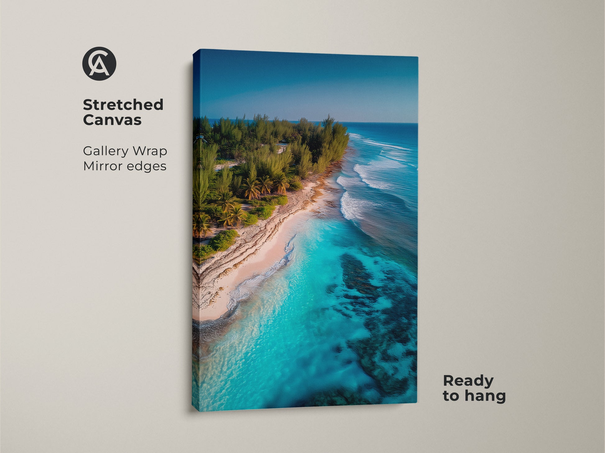 This stretched canvas artwork showcases a breathtaking beach scene. It features vibrant turquoise water and a pristine sandy beach. Green trees add to the tropical feel. The gallery wrap and mirrored edges create a modern aesthetic. Ready to hang and transform your space.