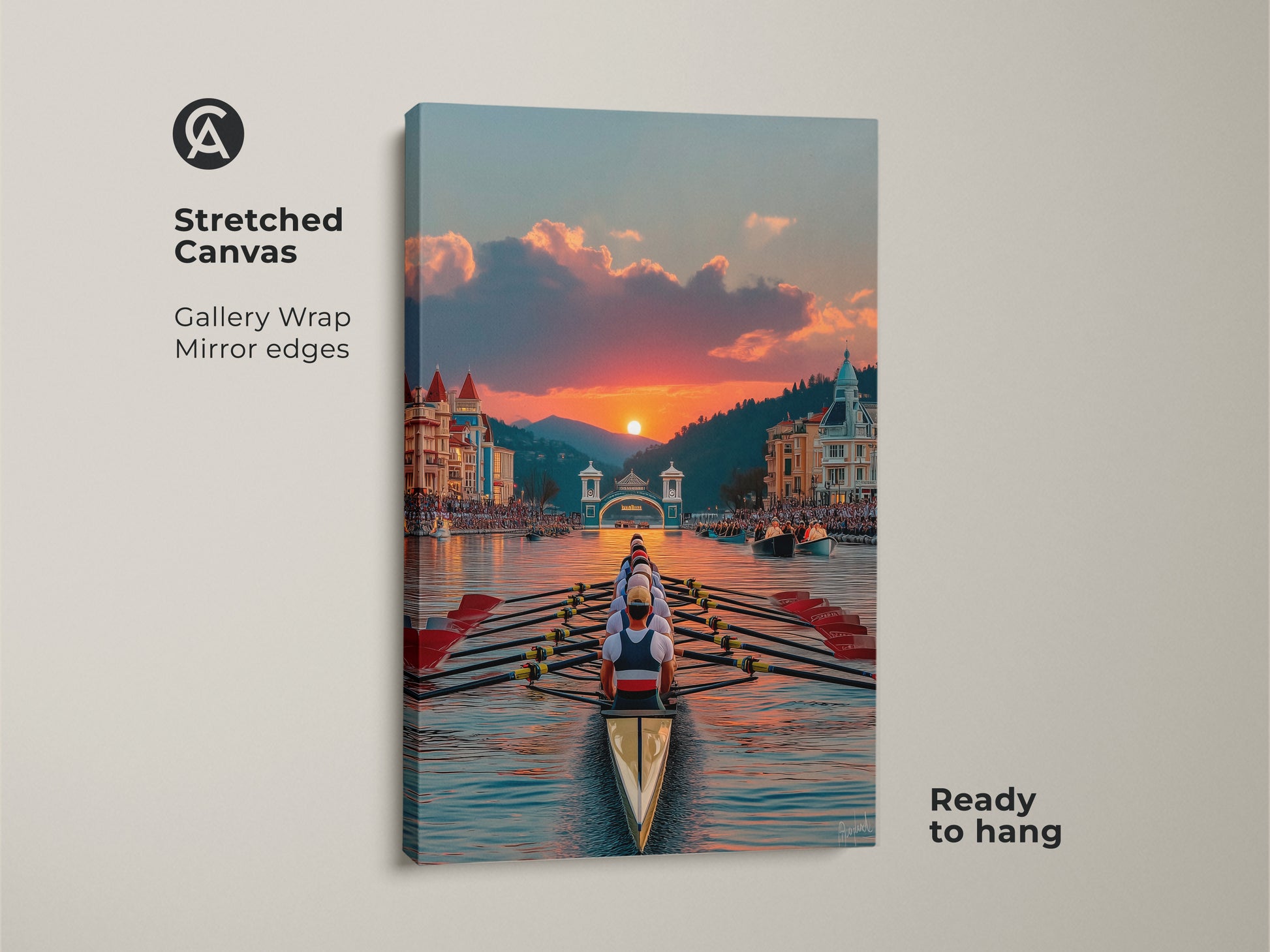 Stretched Canvas Rowing Team Art. It is ready to hang. This sunset watersports print showcases coastal rowing artwork. Ideal for athletic team wall decor or as a unique gift for a rower. The mirror edges add a gallery wrap touch.