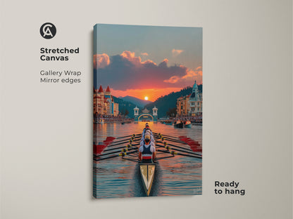 Stretched Canvas Rowing Team Art. It is ready to hang. This sunset watersports print showcases coastal rowing artwork. Ideal for athletic team wall decor or as a unique gift for a rower. The mirror edges add a gallery wrap touch.