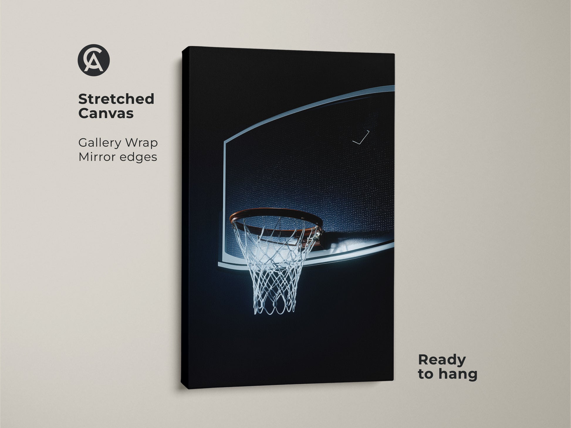 Stretched canvas featuring a basketball hoop. Gallery wrapped with mirror edges. Ready to hang. The minimalist sports print showcases a black blue net. Ideal man cave wall decor. A perfect gift for hoopers and sports enthusiasts.