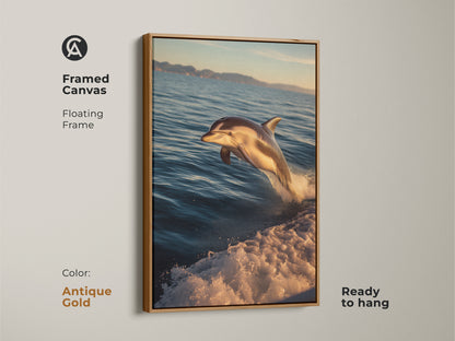 Framed canvas art of a dolphin leaping from teal blue ocean waves with a floating antique gold frame. This coastal bedroom wall decor is ready to hang. The teal blue sea artwork brings the beauty of the ocean indoors. Perfect housewarming gift.