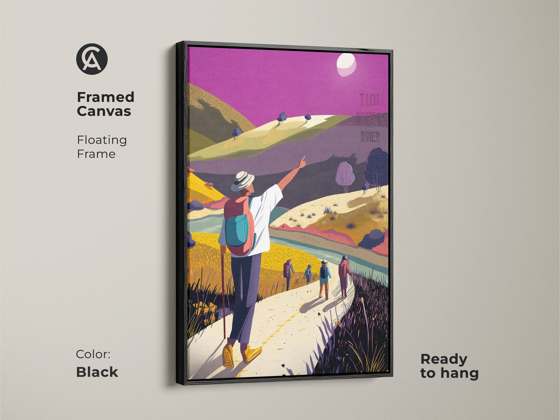 Black framed canvas of a boho hiking wall art. The floating frame showcases a flat art print with hikers. This yellow green purple artwork adds adventure to any room. It's ready to hang.