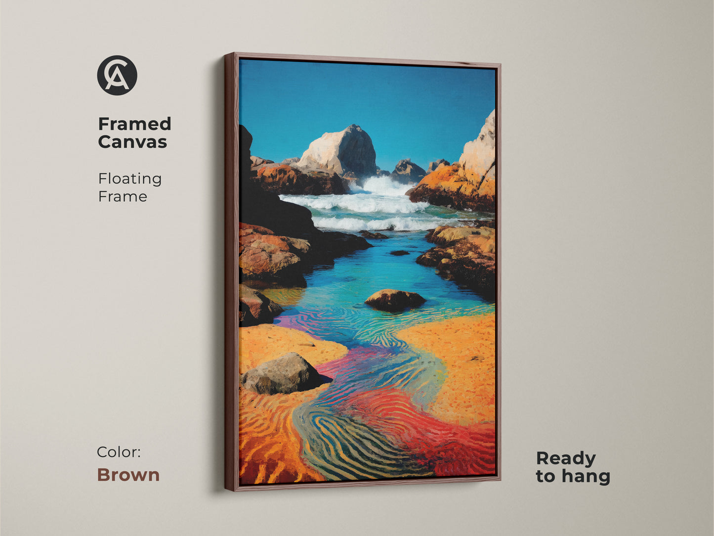 Framed canvas floating in brown. It features blue aqua orange artwork. The beach landscape offers coastal home decor. Ready to hang art brings artistic ocean waves to bedroom ocean wall.