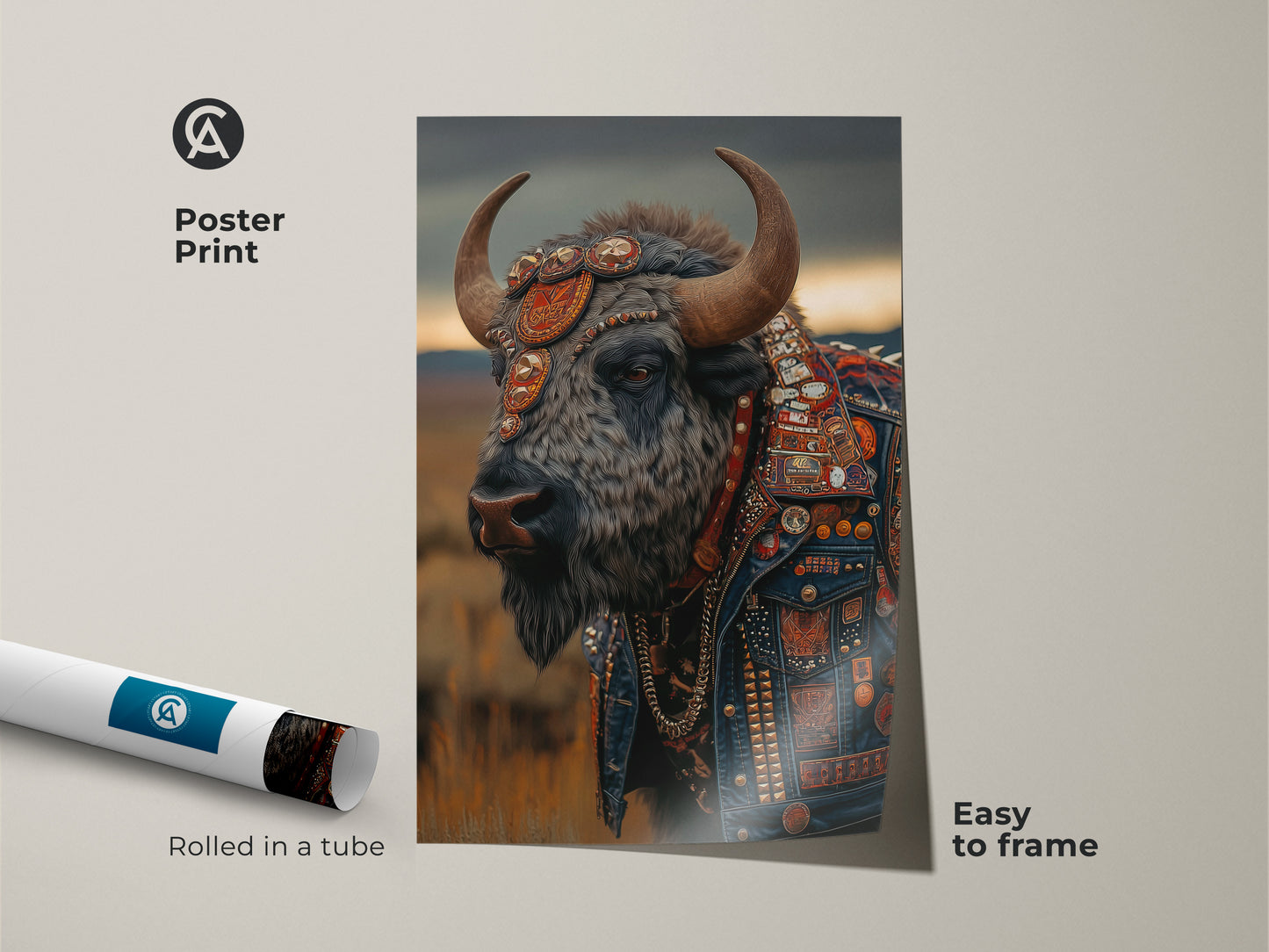 A rolled poster print featuring a bison with leather jacket. The art is easy to frame. This is a punk rock wall art piece. It serves as man cave animal decor. This unique animal artwork makes a great birthday gift for him. The bison is in a tattoo style portrait.