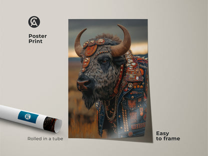 A rolled poster print featuring a bison with leather jacket. The art is easy to frame. This is a punk rock wall art piece. It serves as man cave animal decor. This unique animal artwork makes a great birthday gift for him. The bison is in a tattoo style portrait.