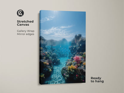 Stretched canvas showcases underwater coral reef artwork with gallery wrap and mirrored edges. Ready to hang this ocean life canvas print brings the beauty of the deep sea to your home decor.