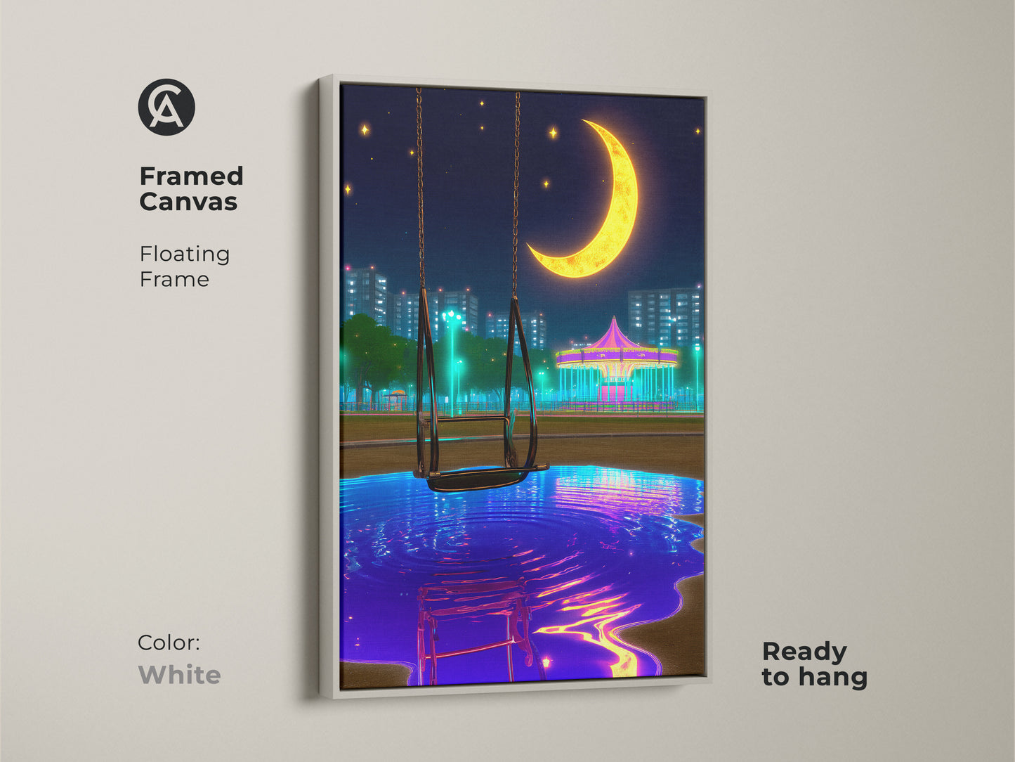 Framed canvas art with a white floating frame showcasing a surreal nightscape. This ready-to-hang artwork displays a crescent moon carousel in a vaporwave style. Ideal for eclectic bedroom decor the blue yellow and purple hues add a dreamy modern touch perfect for anime fans.