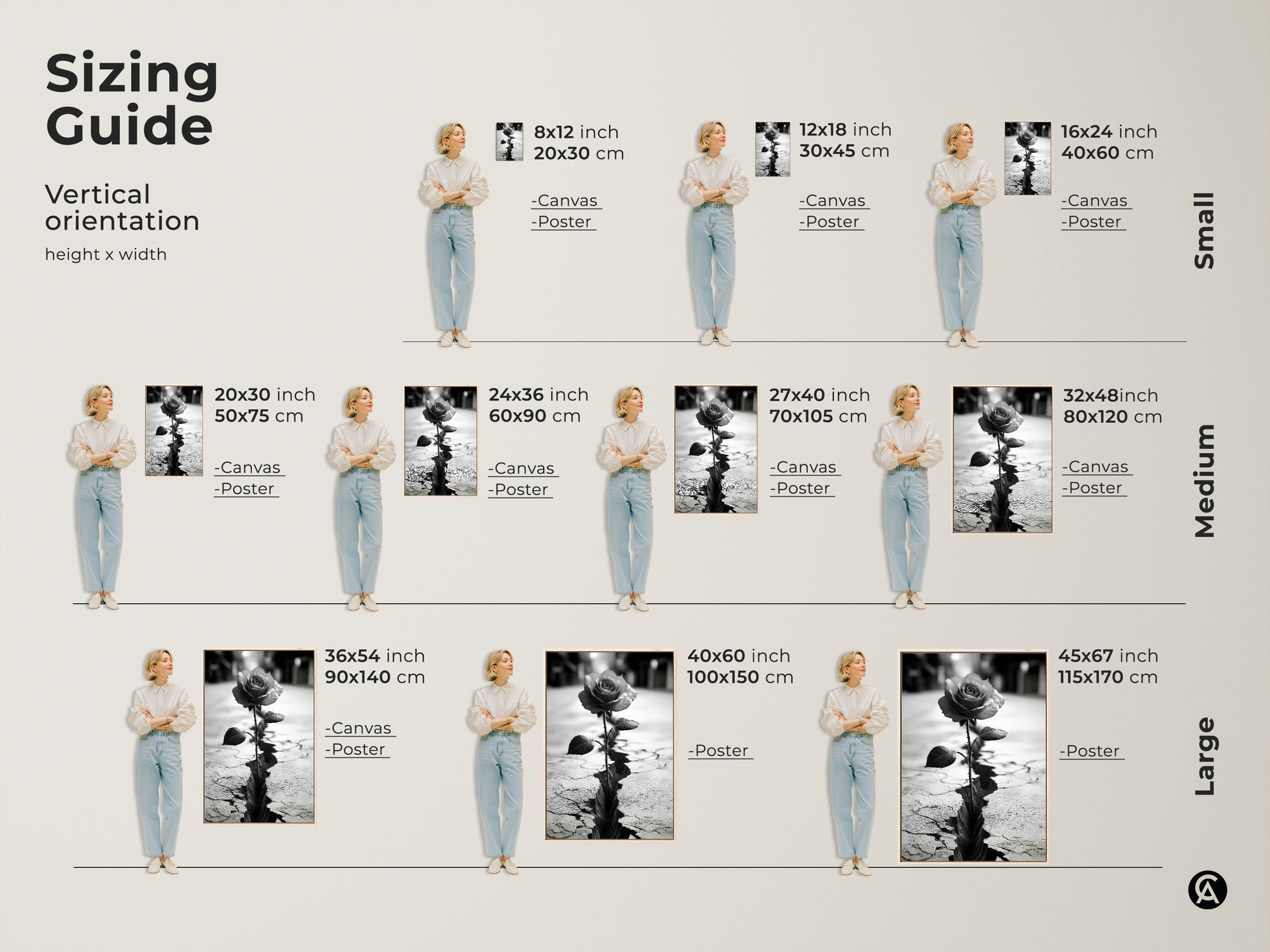 Sizing guide for monochrome rose art prints. Vertical orientation height and width options shown. Available as canvas or poster. Features a rose blooming from cracked ground. Perfect for adding a touch of nature symbolism to your home. Contemporary artwork for any space.