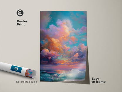Poster print of dreamy ocean waves art. The teal orange and purple sky artwork comes rolled in a tube. It is easy to frame. A perfect art print for a boho room or coastal home.