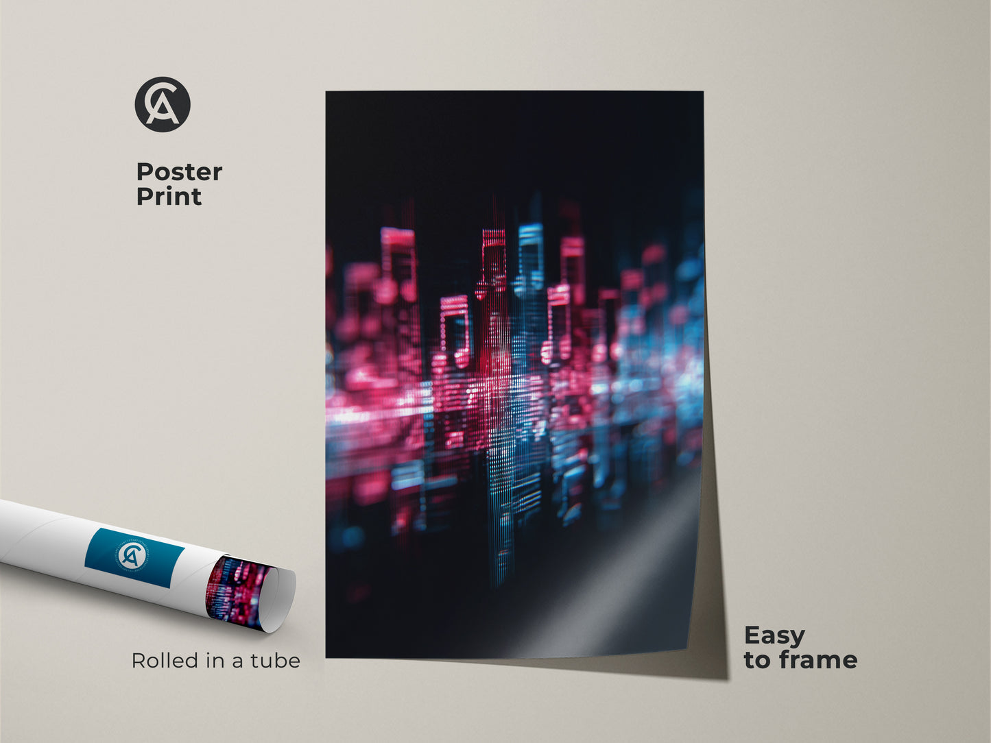 Poster Print of an abstract cityscape with musical notes. Showcasing a magenta and blue glitch art aesthetic. This digital artwork is perfect for framing and adds a modern touch. Ideal for contemporary wall hanging and creative workspace decor for music lovers.