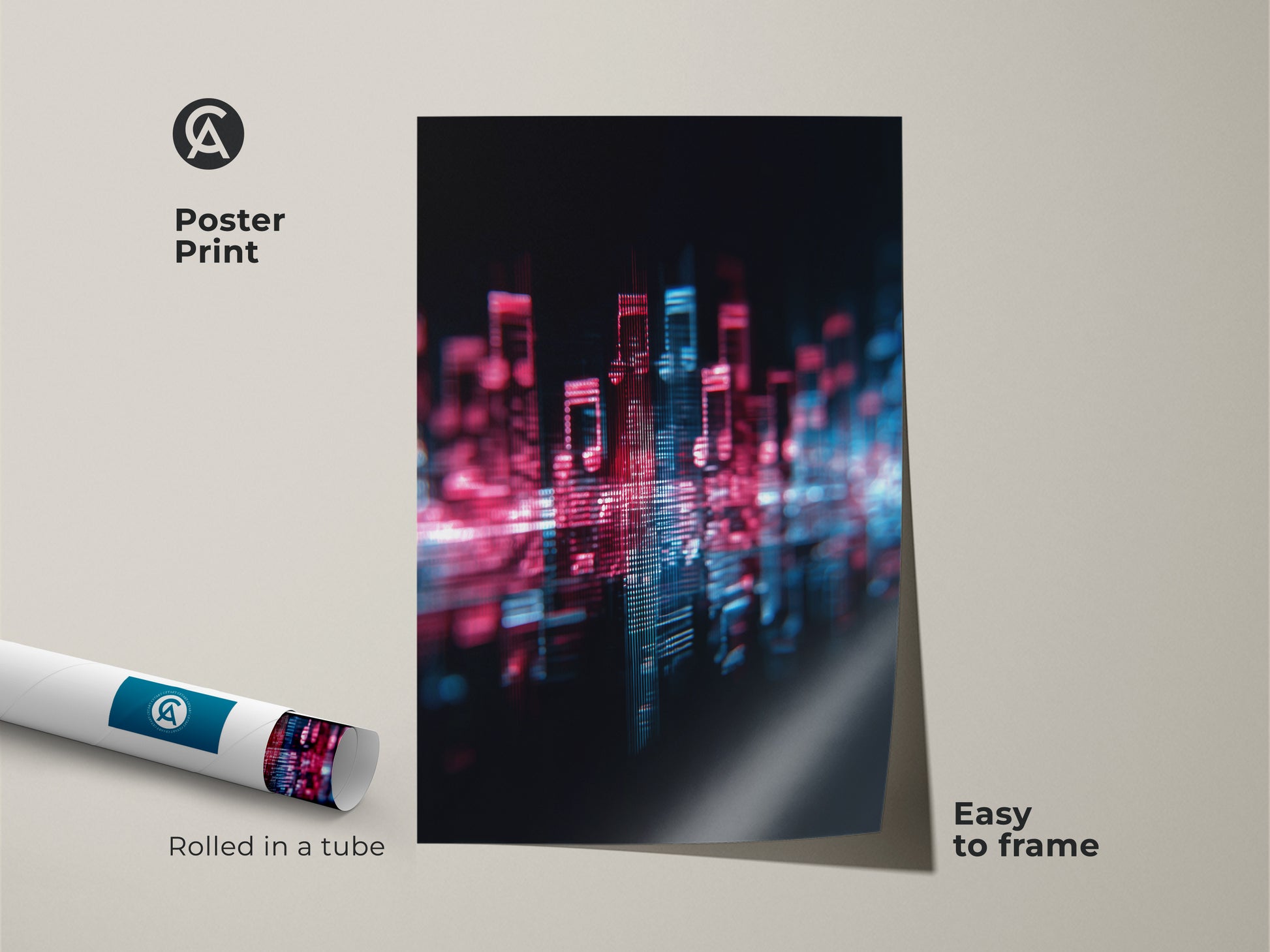 Poster Print of an abstract cityscape with musical notes. Showcasing a magenta and blue glitch art aesthetic. This digital artwork is perfect for framing and adds a modern touch. Ideal for contemporary wall hanging and creative workspace decor for music lovers.