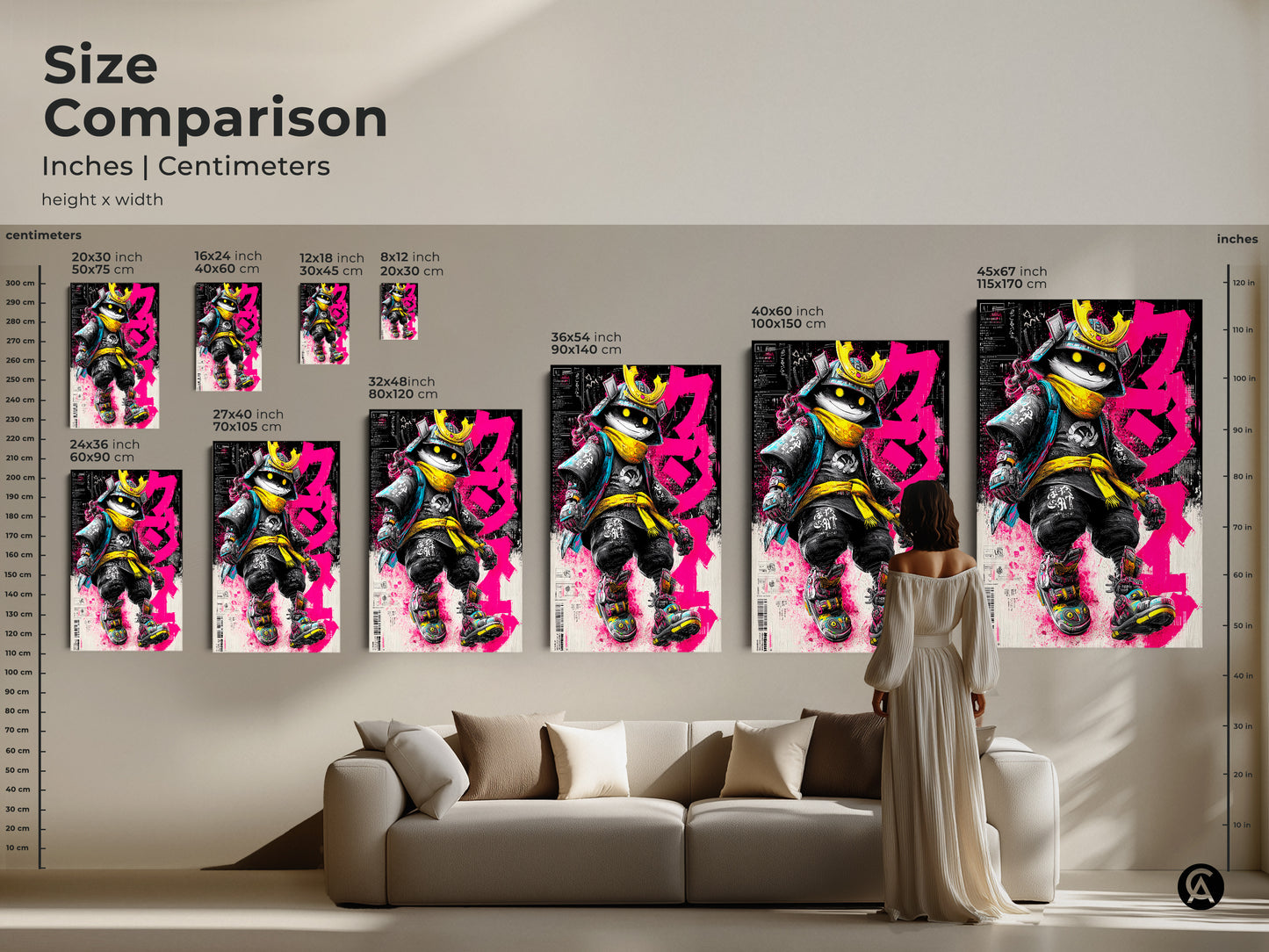 Size comparison of Samurai Cat artwork. Inches Centimeters height x width. Various sizes from 8x12 to 45x67 inches are shown. Artwork shows a cat dressed as a samurai warrior. See how it fits in a living room setting.