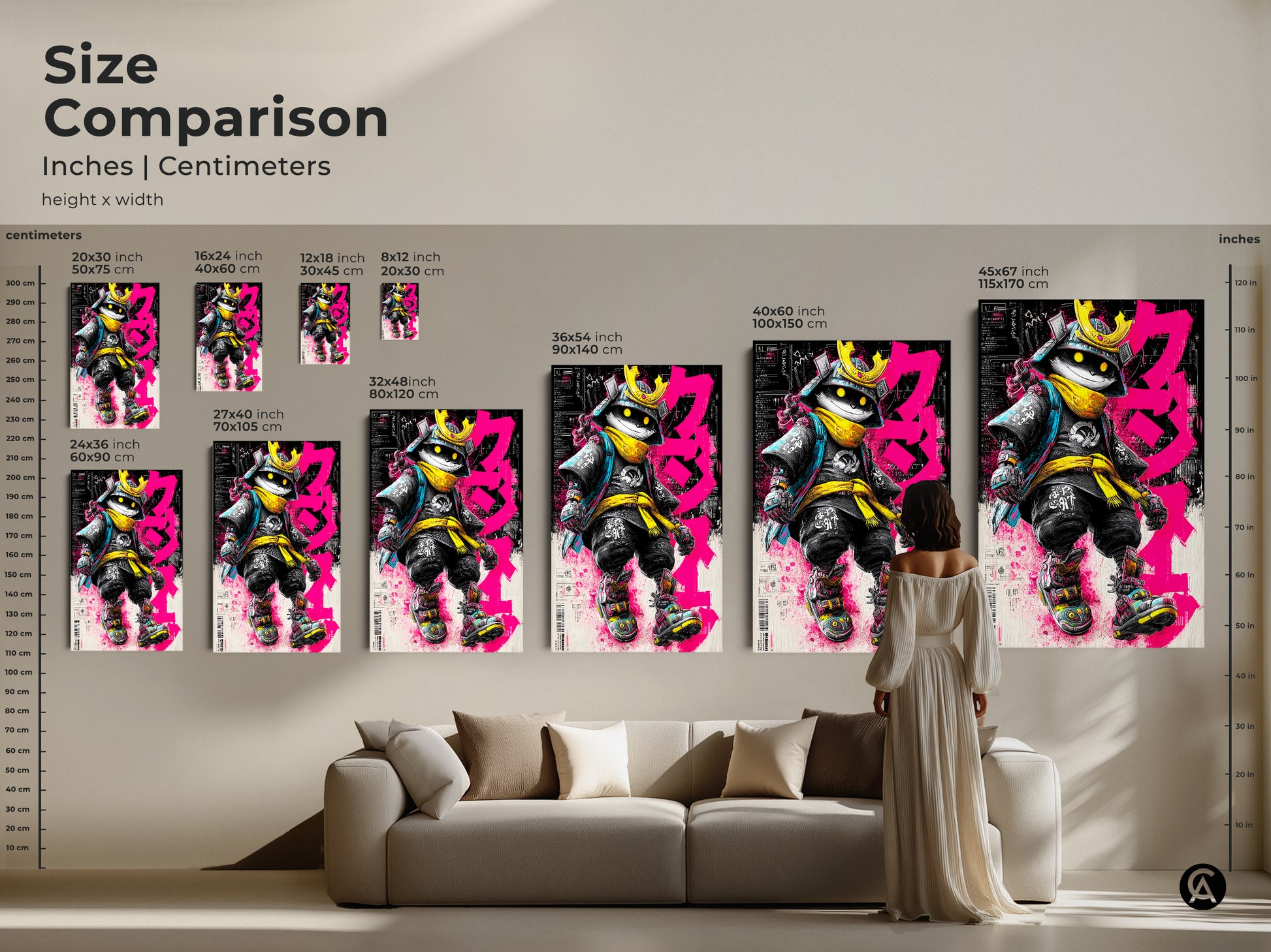 Size comparison of Samurai Cat artwork. Inches Centimeters height x width. Various sizes from 8x12 to 45x67 inches are shown. Artwork shows a cat dressed as a samurai warrior. See how it fits in a living room setting.