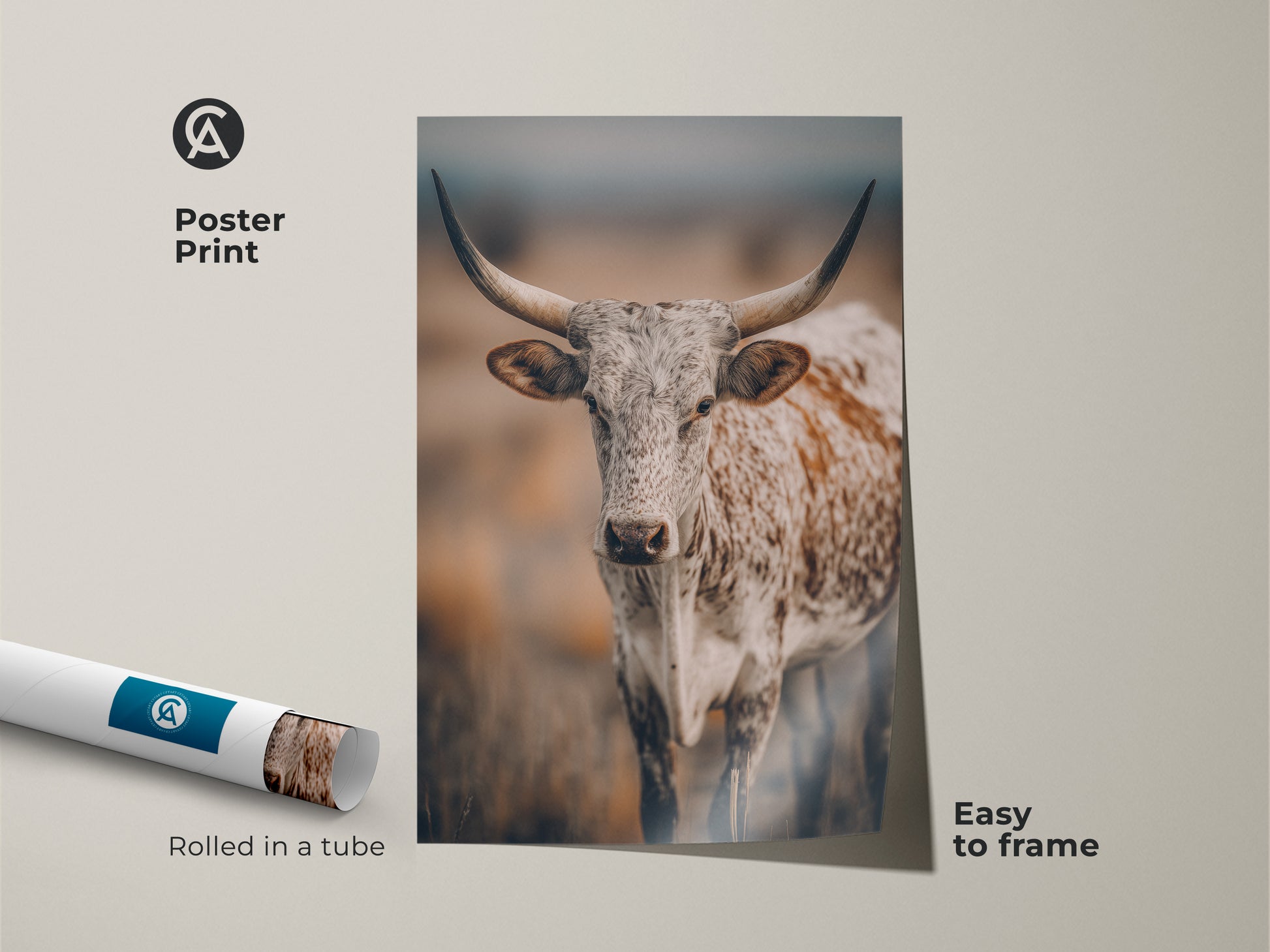 Poster print of a Longhorn Cow. This Texas wildlife artwork comes rolled in a tube. It is easy to frame. This rustic farmhouse wall art is perfect for adding a touch of the country to your home. The print captures the essence of Texas wildlife.