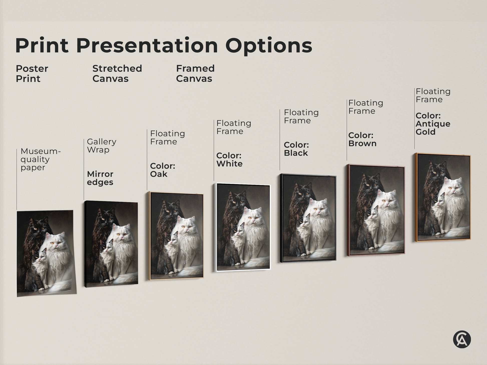 Print presentation options for museum quality art featuring three fluffy cats. Choose from poster prints stretched canvas and framed canvas. Customize your cat artwork with various frame colors. Find the perfect option now.