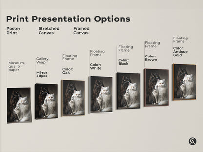 Print presentation options for museum quality art featuring three fluffy cats. Choose from poster prints stretched canvas and framed canvas. Customize your cat artwork with various frame colors. Find the perfect option now.