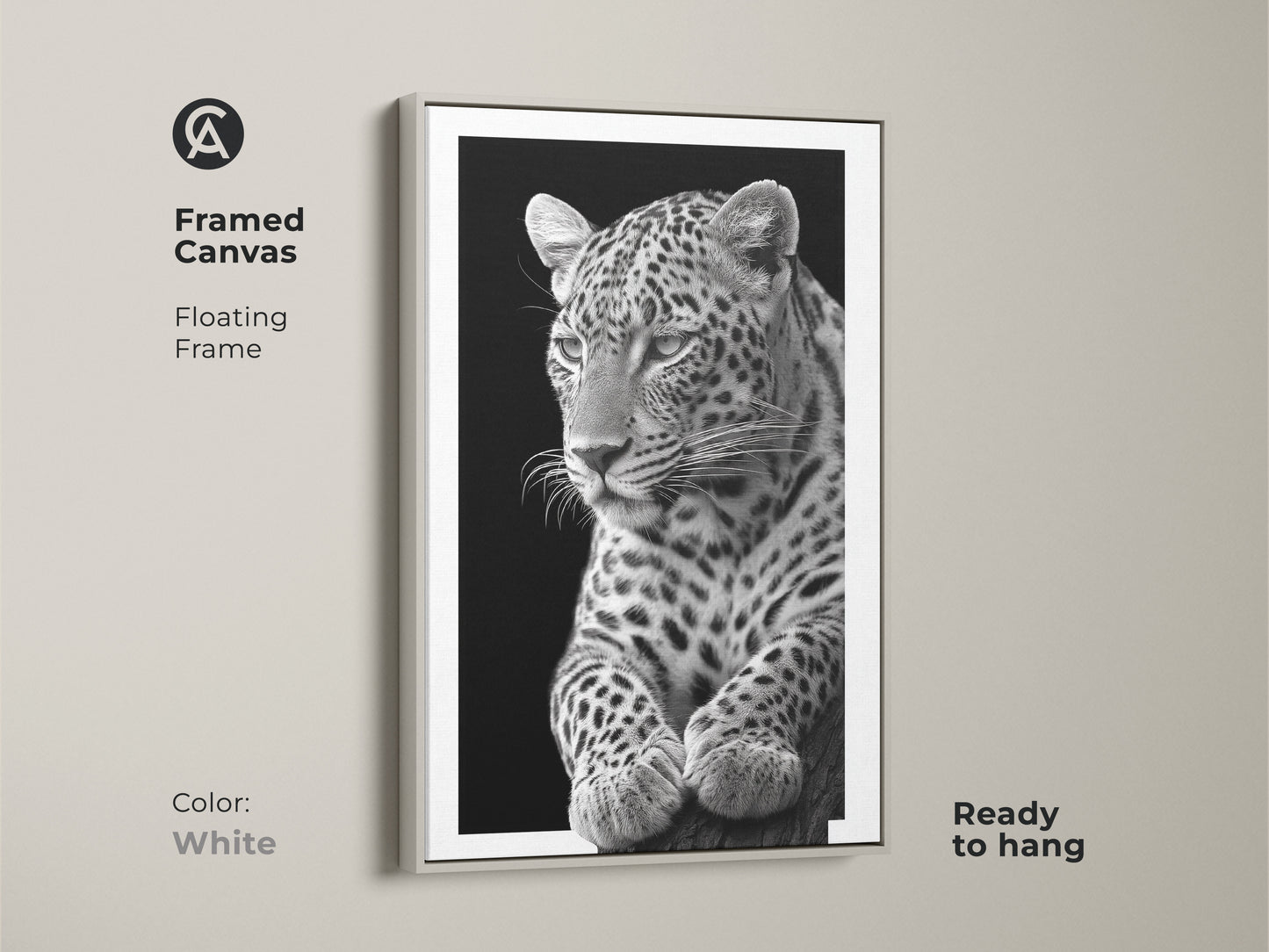 White framed canvas featuring a monochrome leopard. The floating frame enhances the nature inspired animal portrait. This minimalist black and white art makes a sophisticated wildlife decor statement. Buy Now!