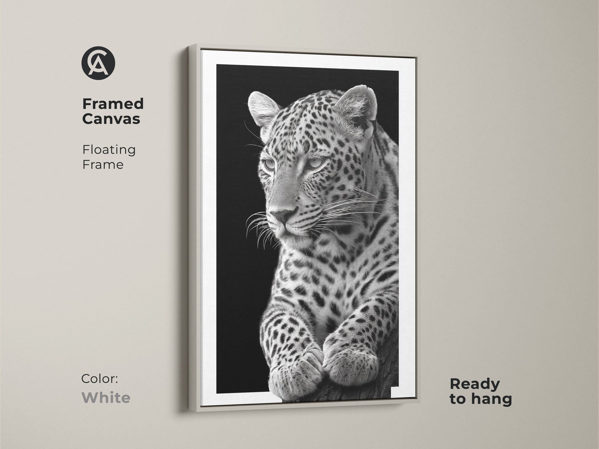 White framed canvas featuring a monochrome leopard. The floating frame enhances the nature inspired animal portrait. This minimalist black and white art makes a sophisticated wildlife decor statement. Buy Now!