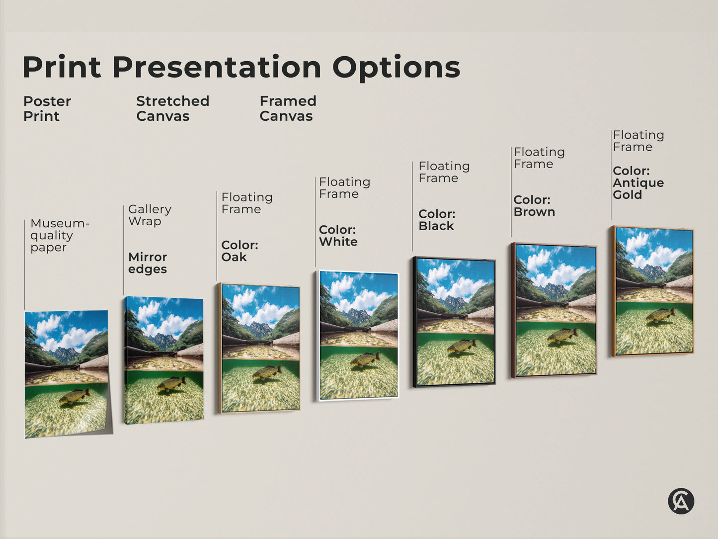Explore print presentation options for split view art. See poster print stretched canvas and framed canvas options. Each features a carp underwater and mountains above. Choose from gallery wrap or floating frames in black brown antique gold or white.