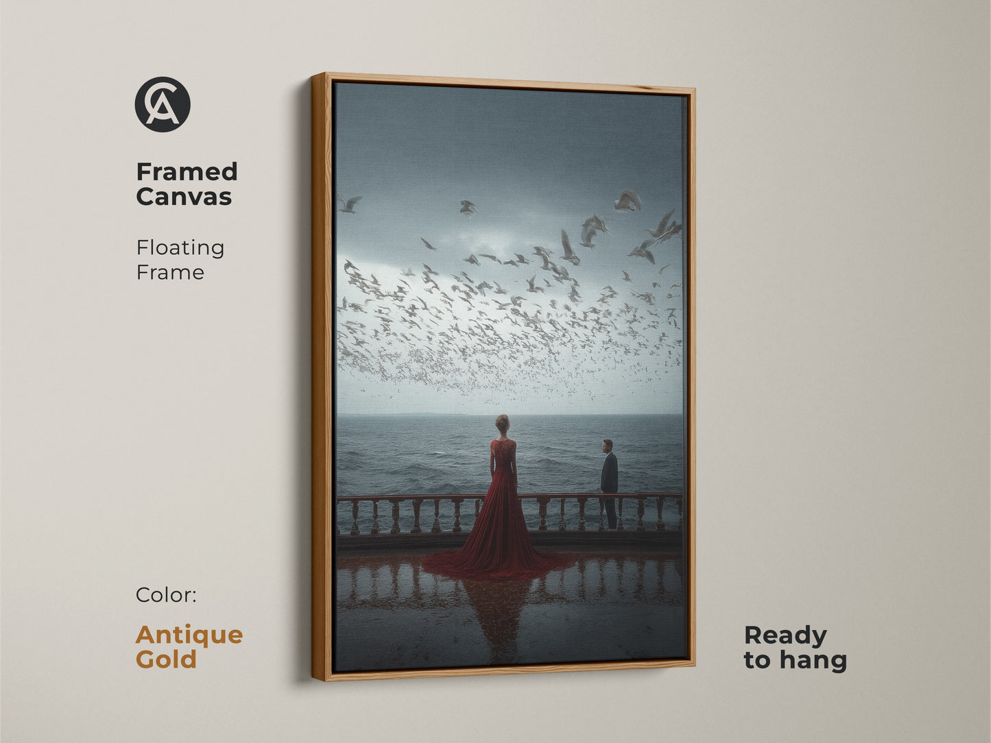 An antique gold framed canvas presents couple art ready to hang. The floating frame enhances the contemporary artwork. This romantic bedroom wall art features a couple watching seagulls. It makes a great anniversary gift. This artistic ocean view print adds a touch of elegance.