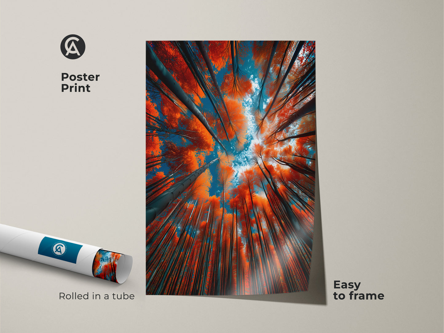 Poster print of a forest canopy. The artwork is rolled in a tube. Easy to frame and hang. The vibrant colors of the trees and sky will brighten any room. This print is a great gift idea.