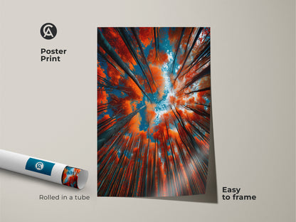 Poster print of a forest canopy. The artwork is rolled in a tube. Easy to frame and hang. The vibrant colors of the trees and sky will brighten any room. This print is a great gift idea.