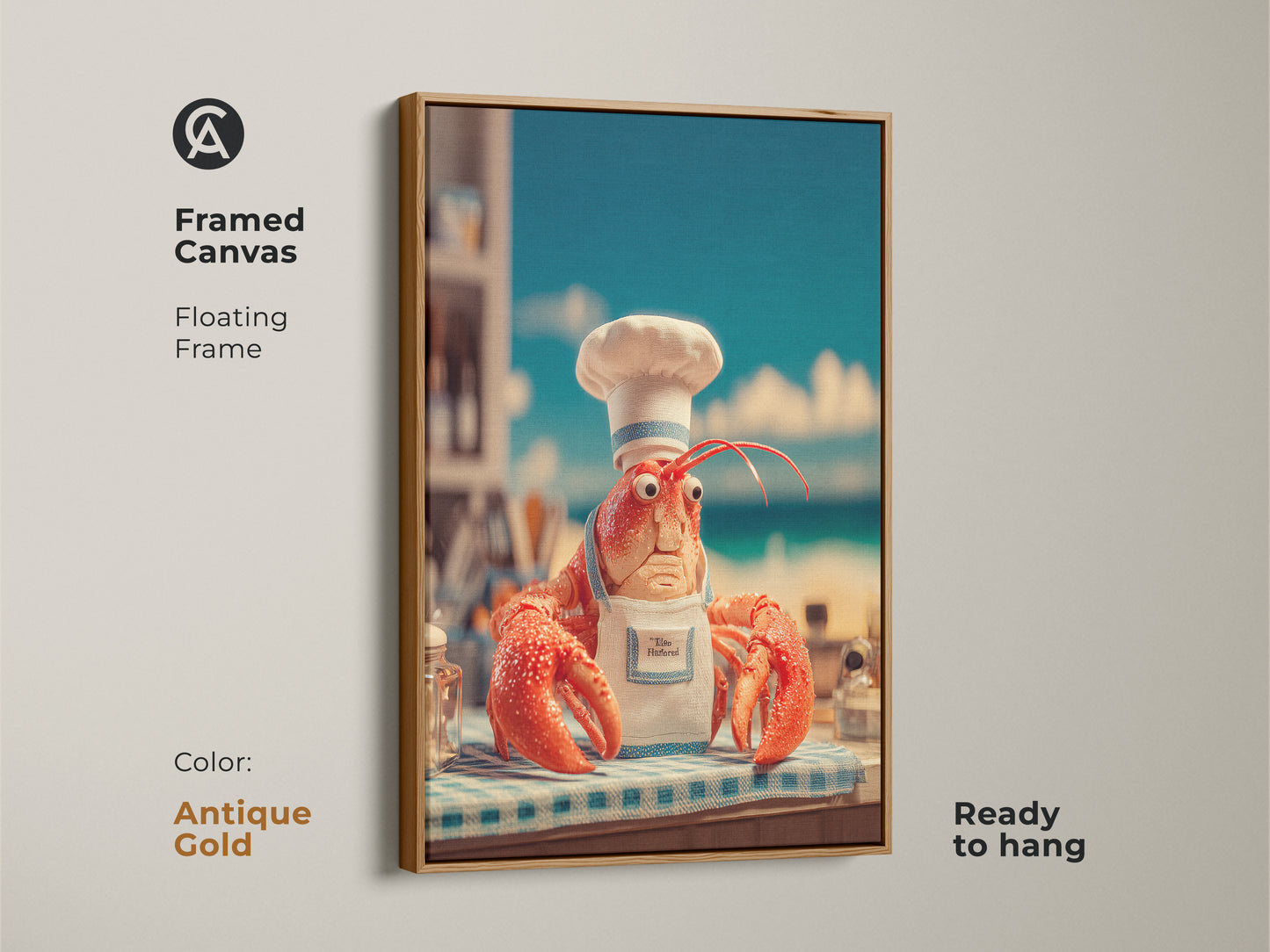 Antique gold framed canvas art print of a lobster chef. This floating frame is ready to hang and adds a vintage touch to your space. The funny artwork is perfect for adding charm to your home decor. A unique art piece for seafood lovers.