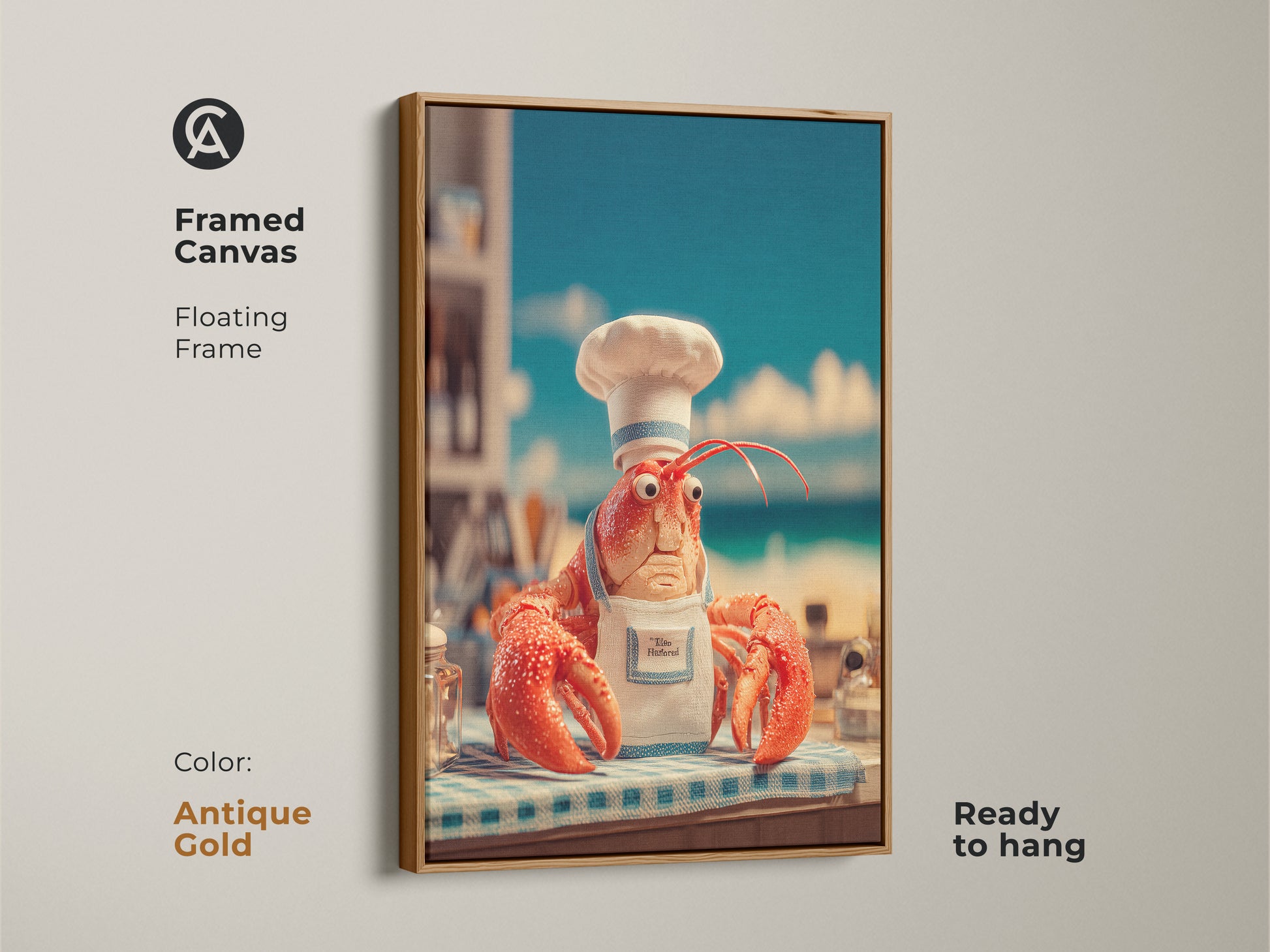 Antique gold framed canvas art print of a lobster chef. This floating frame is ready to hang and adds a vintage touch to your space. The funny artwork is perfect for adding charm to your home decor. A unique art piece for seafood lovers.