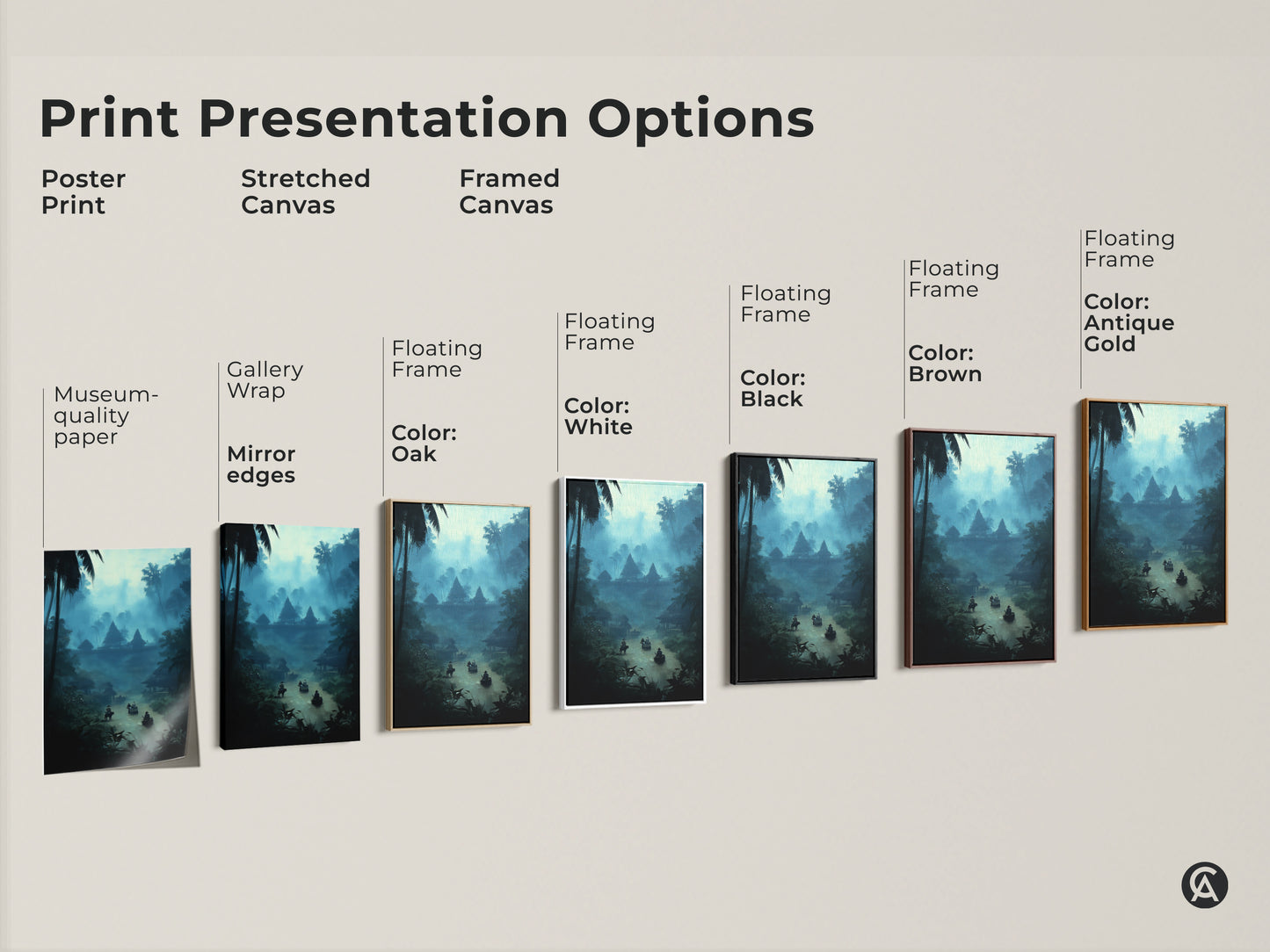 Explore print presentation options for this misty blue jungle river art. Choose from poster prints stretched canvas or framed canvas. Options include gallery wrap mirror edges and floating frames in various colors. Find the perfect style for your bohemian travel wall art.