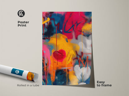 Poster Print of Graffiti Heart Artwork. This museum-quality poster features a vibrant heart art. Rolled in a tube for easy framing. Add urban flair to any room with this striking graffiti heart poster print.