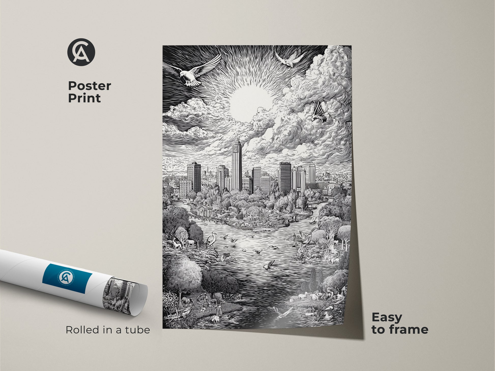 Poster Print of the Austin Texas Skyline. This museum-quality paper is easy to frame. The artwork features a detailed black and white drawing of the city. Also featured are birds animals and a bright sun. This poster ships rolled in a tube.