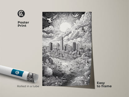 Poster Print of the Austin Texas Skyline. This museum-quality paper is easy to frame. The artwork features a detailed black and white drawing of the city. Also featured are birds animals and a bright sun. This poster ships rolled in a tube.