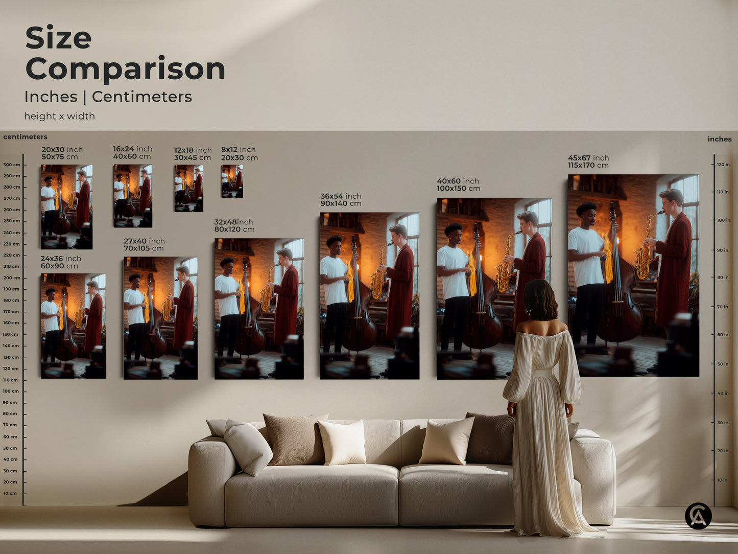 This size comparison shows inches and centimeters of contemporary musician artwork. A saxophonist and bass player are captured in warm gold and brown tones. It is a versatile addition as wall art for a home office studio or living area adding culture to any decor.