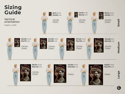 Sizing guide for the vertical Alpaca artwork. Available as canvas and poster in small medium and large sizes. A helpful visual to choose the perfect size for your space. Enhances any room decor.