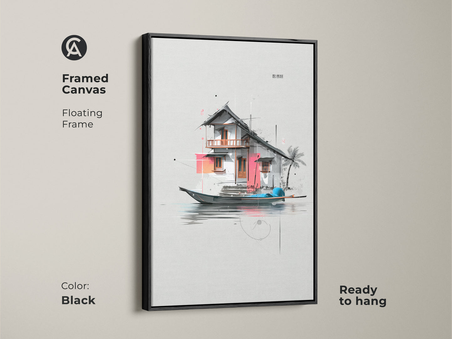 Framed canvas with a floating frame in black showcasing an architectural floating house art. This minimalist artwork is ready to hang. Add this contemporary art to your home entryway decor.