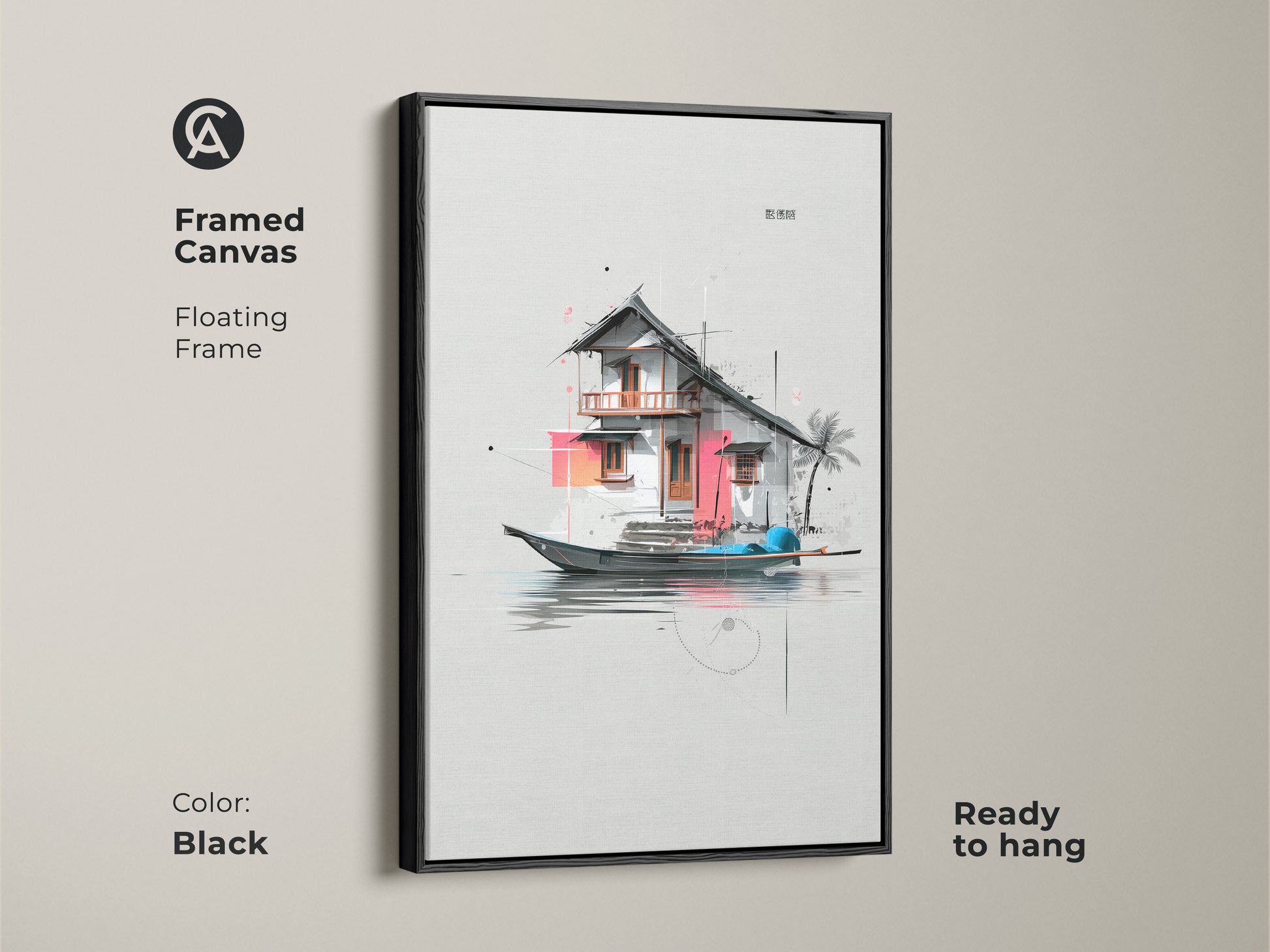 Framed canvas with a floating frame in black showcasing an architectural floating house art. This minimalist artwork is ready to hang. Add this contemporary art to your home entryway decor.