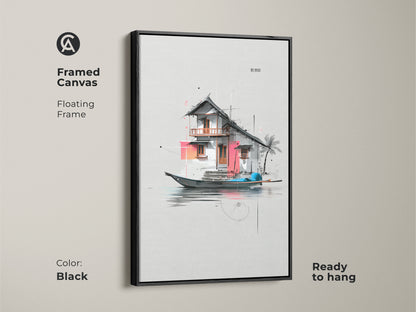 Framed canvas with a floating frame in black showcasing an architectural floating house art. This minimalist artwork is ready to hang. Add this contemporary art to your home entryway decor.