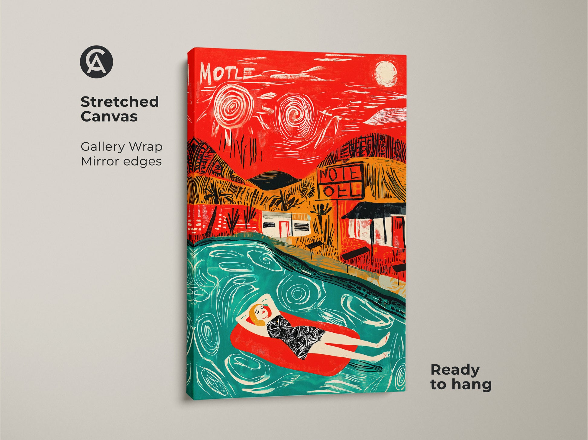 Stretched canvas art showcasing a woman floating in a pool near a motel. The gallery wrap with mirror edges offers a seamless look. This ready-to-hang artwork brings a vintage vibe to your home decor.