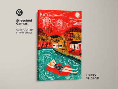 Stretched canvas art showcasing a woman floating in a pool near a motel. The gallery wrap with mirror edges offers a seamless look. This ready-to-hang artwork brings a vintage vibe to your home decor.