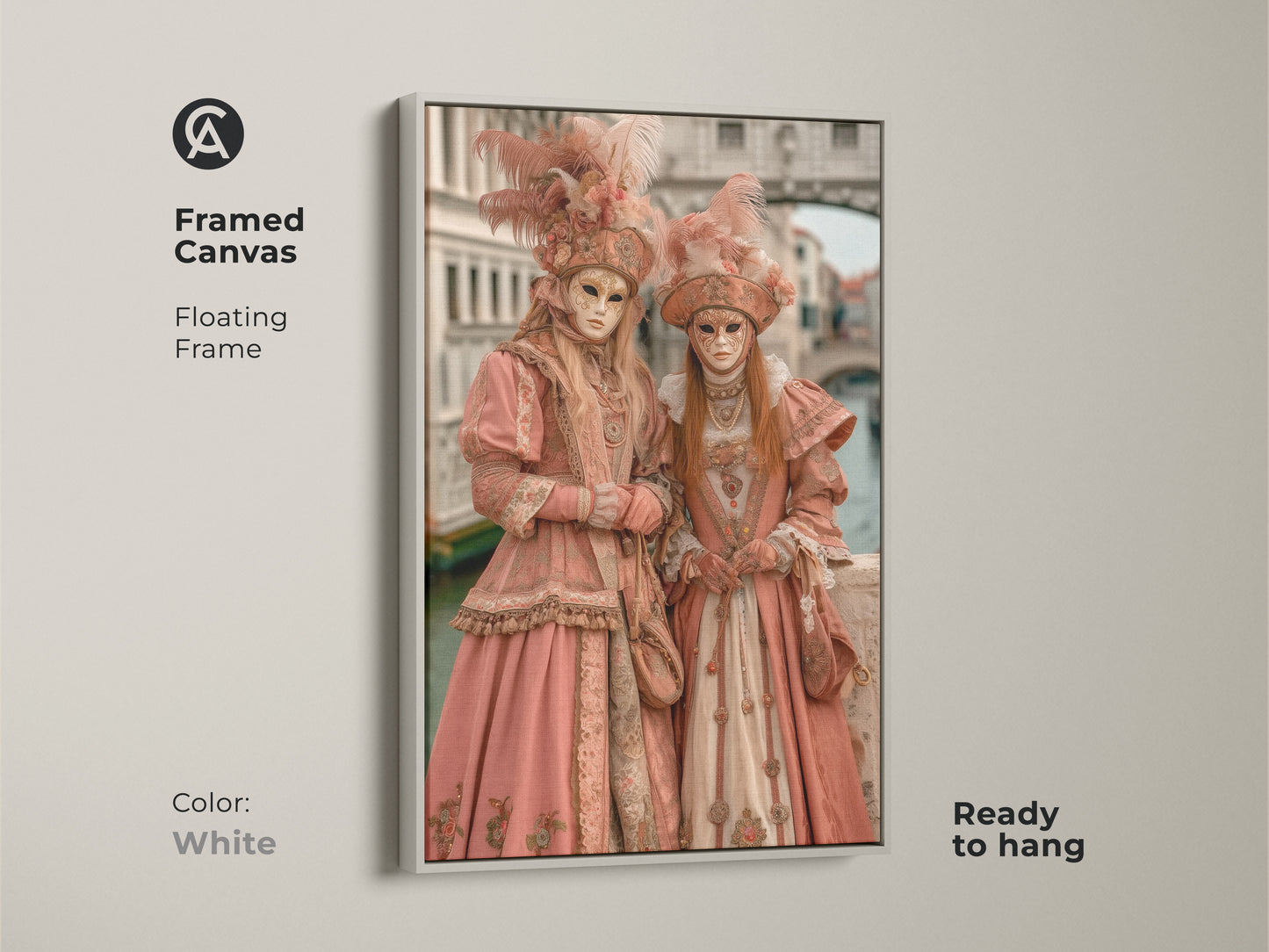 Framed canvas art print of two figures in Venetian carnival costumes. The white floating frame offers a clean modern look. Ready to hang this artwork adds sophistication to any room. A perfect choice for art collectors.