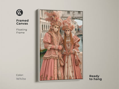 Framed canvas art print of two figures in Venetian carnival costumes. The white floating frame offers a clean modern look. Ready to hang this artwork adds sophistication to any room. A perfect choice for art collectors.