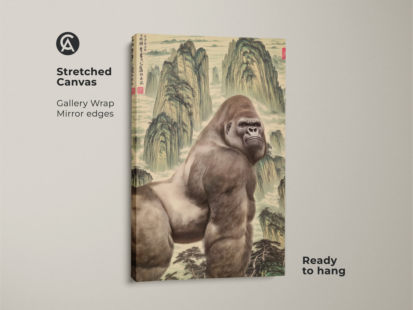 A stretched canvas gorilla art print of Chinese landscape art. This gallery wrapped canvas has mirrored edges. Ready to hang this wildlife canvas print in a study room. It's unique home decor for an art collector.