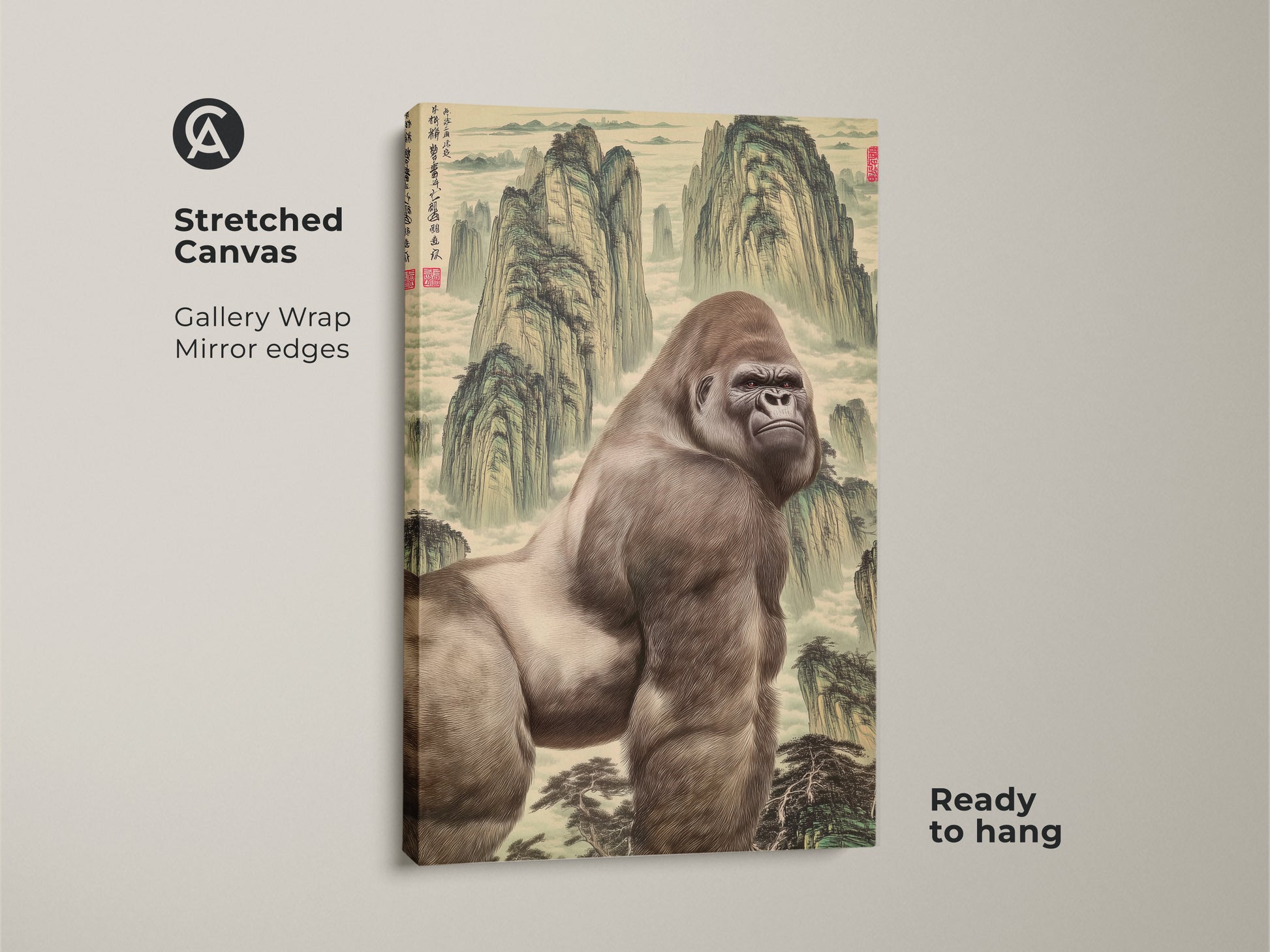 A stretched canvas gorilla art print of Chinese landscape art. This gallery wrapped canvas has mirrored edges. Ready to hang this wildlife canvas print in a study room. It's unique home decor for an art collector.