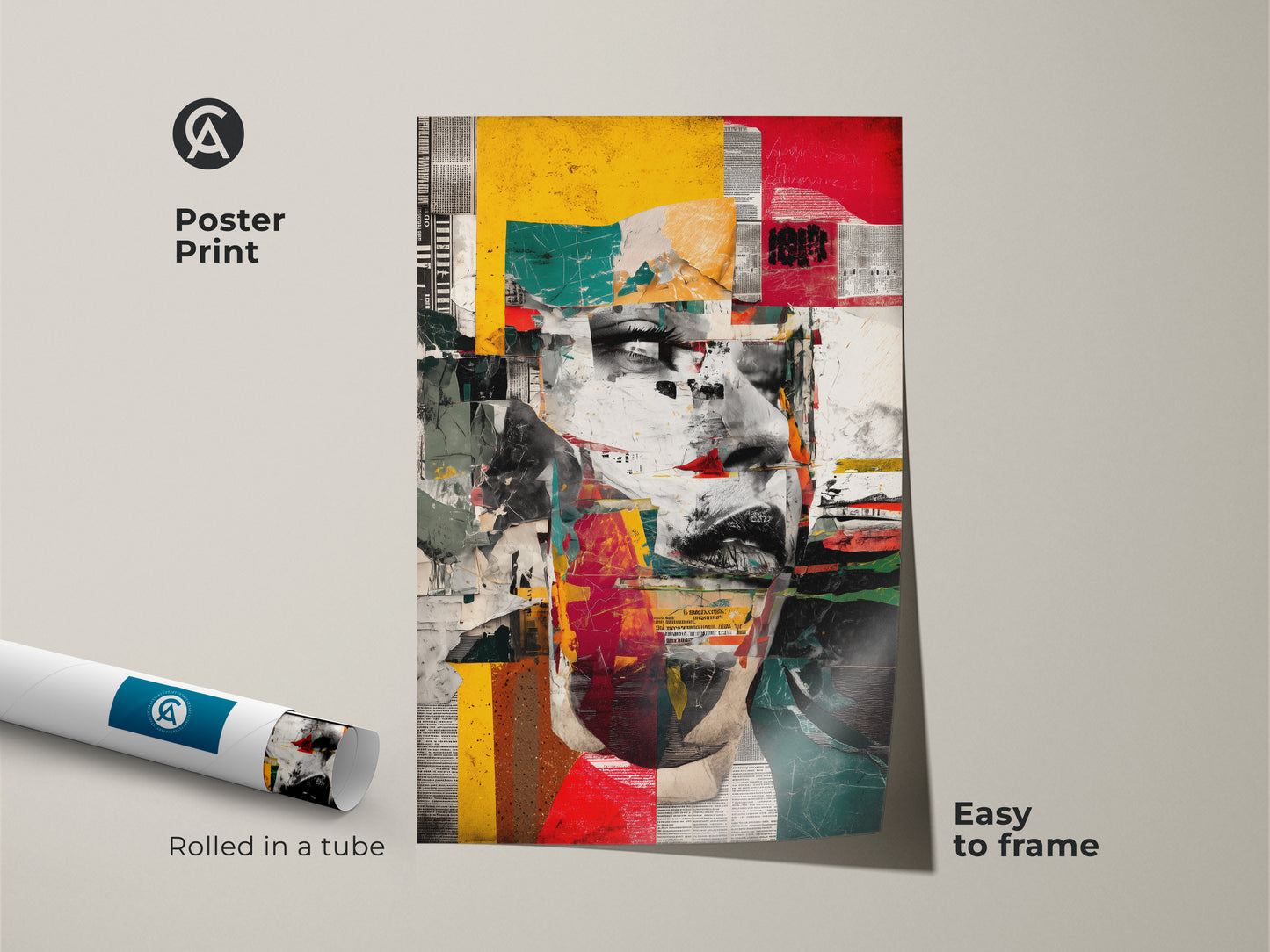 Abstract woman face art poster print rolled in a tube. The art features red yellow teal geometric shapes. This eclectic collage wall decor is an urban portrait artwork easy to frame.