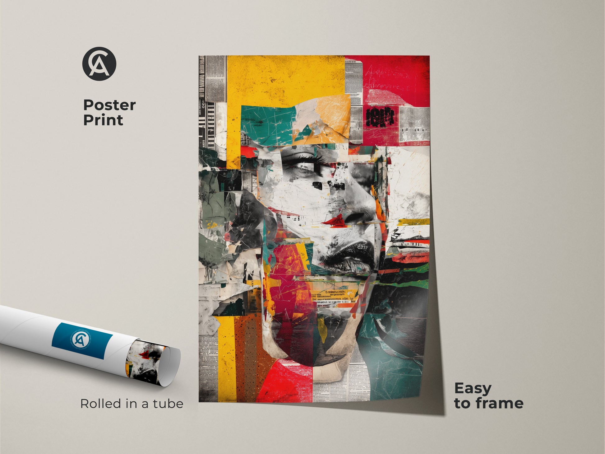 Abstract woman face art poster print rolled in a tube. The art features red yellow teal geometric shapes. This eclectic collage wall decor is an urban portrait artwork easy to frame.