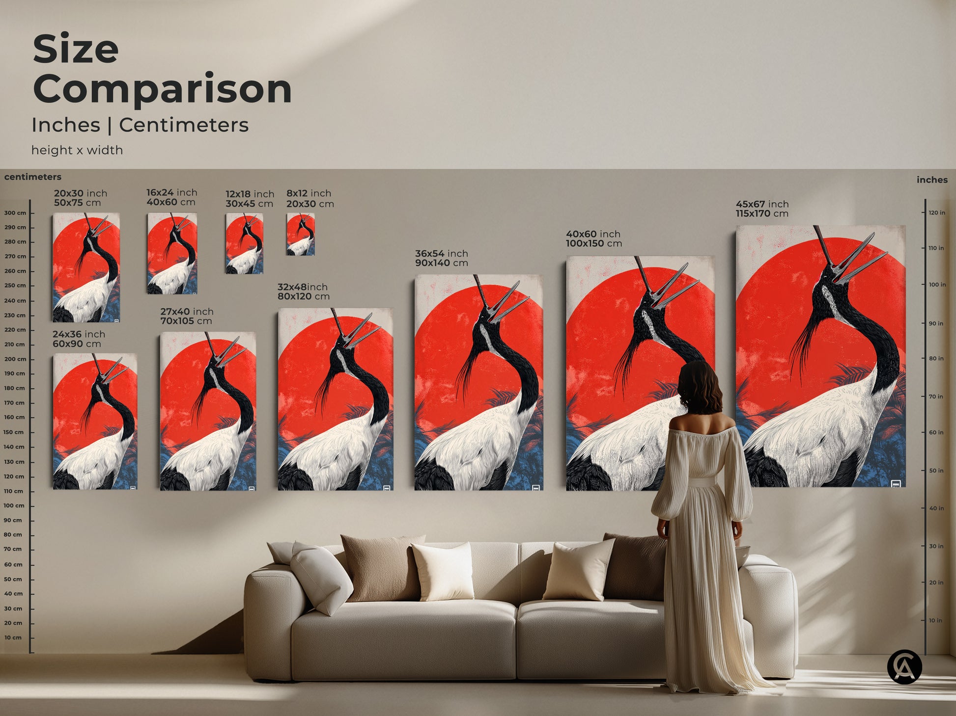 Size comparison of Japanese crane art in inches and centimeters. See how different sizes fit above a sofa. This wildlife canvas art is perfect for any room. Its eclectic presence adds charm. Consider this bird lover gift to enhance your living space. The red sun bird print stands out.