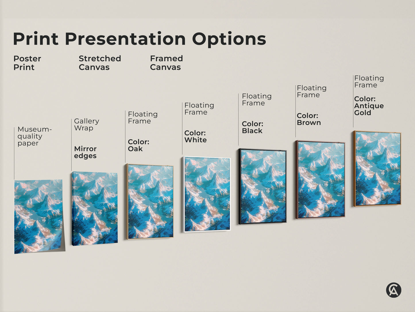 Explore print presentation options for mountain landscape art. Choose from poster prints stretched canvas or framed canvas. Options include gallery wrap floating frames and various colors. Museum-quality paper ensures lasting beauty.