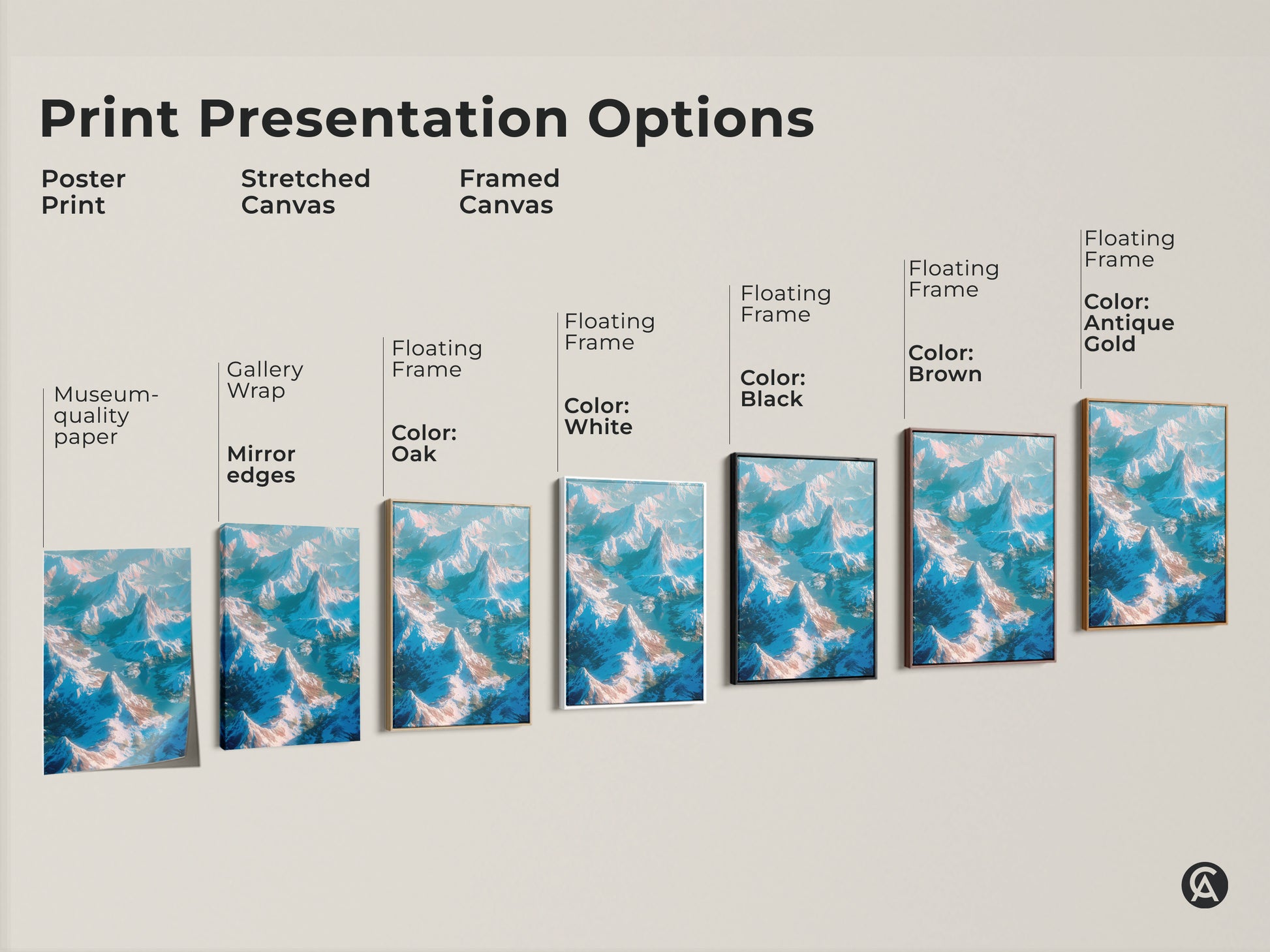 Explore print presentation options for mountain landscape art. Choose from poster prints stretched canvas or framed canvas. Options include gallery wrap floating frames and various colors. Museum-quality paper ensures lasting beauty.